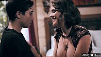 Big tits milf knows her teen neighbour spying on her.She gives him a striptease show and calls him into her bedroom.He can fuck her once.She lets him lick her hairy pussy and then deepthroats his big hard teen cock.She jerks him off before riding him